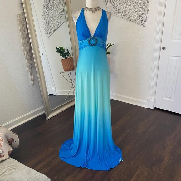 XOXO Early 2000's Mermaid Teal Blue Color Gradient Maxi Prom Dress S Made in USA - Picture 6 of 7